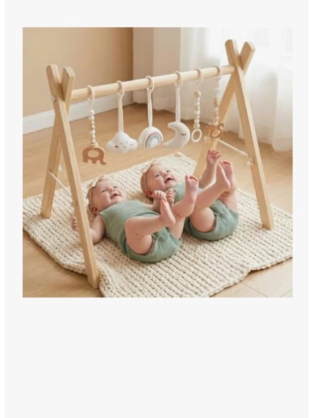 Natural Wooden Baby Play Gym with Hanging Sensory Toys - Natural